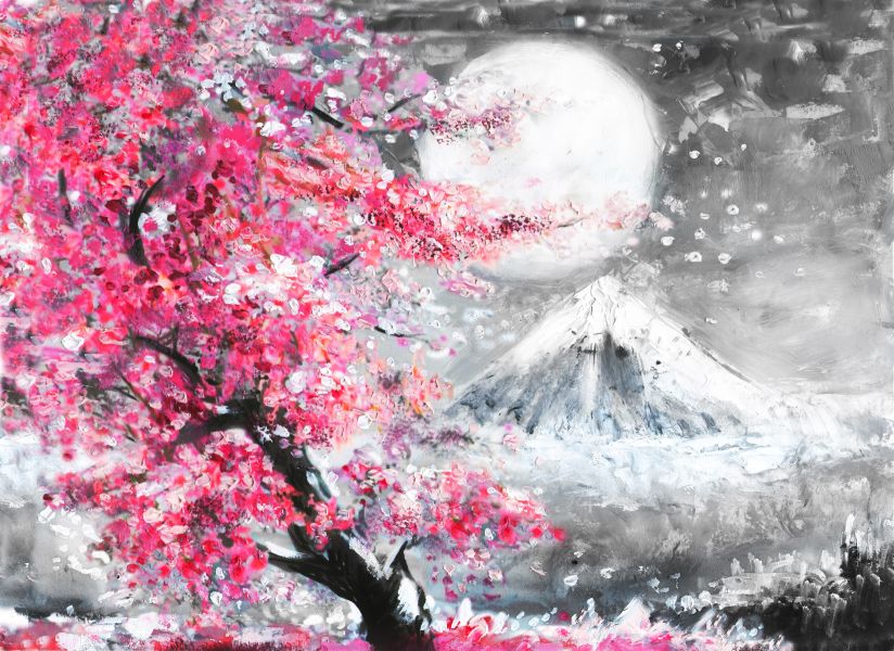 Картина на холсте цветущая сакура в Японии, арт hd0810101