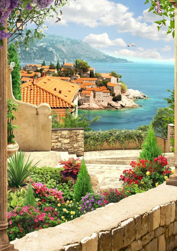 Картина на холсте дворик с видом на море, арт hd0889501